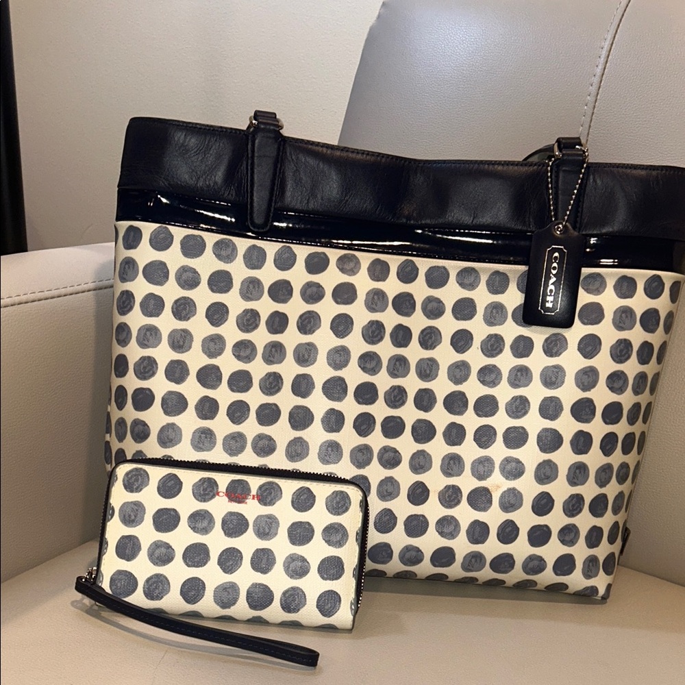 Coach Navy and White Polka Dot Tote with Wallet 2013